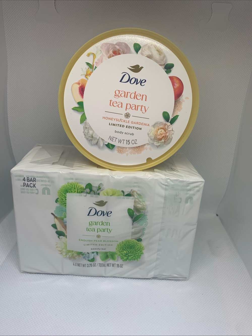Dove Garden Tea Party Body Scrub & Soap Set - English Pear Blossom 4 pack